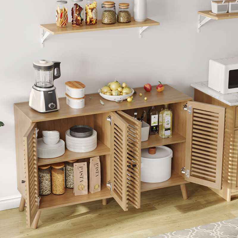 47" W Buffet Cabinet With 4 Slatted Doors, Mid-century Buffet Sideboard With Shelves, Accent Storage Cabinets Cupboard Console For Dining Room, Kitchen, Oak