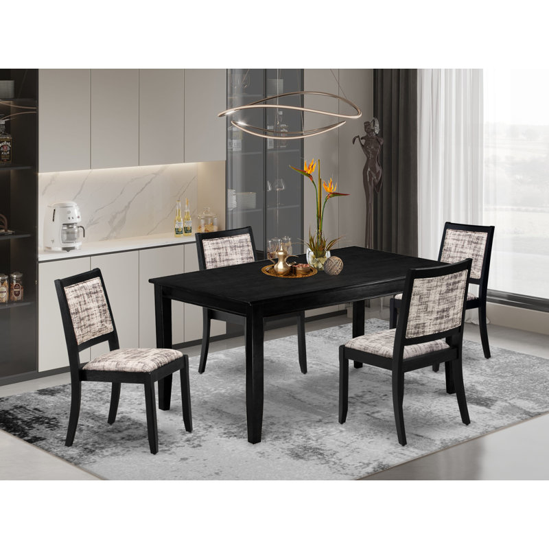Dining Set Includes a Rectangular Kitchen Table with Black Tabletop and Stackable Polyester Fabric Chairs, Black, 5