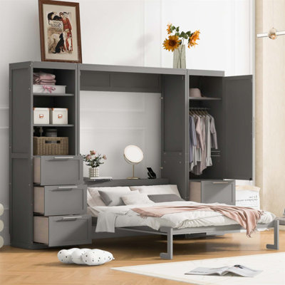 Lit escamotable mural avec placard, tiroirs et tablettes pour une utilisation efficace de l'espace et un design moderne