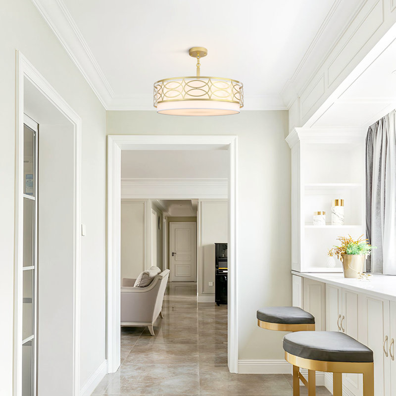 5 - Light 21.65" Dimmable Farmhouse Modern Drum Chandelier, Iron Frame With Cut-Out Design & Inner Fabric Shade, Gold