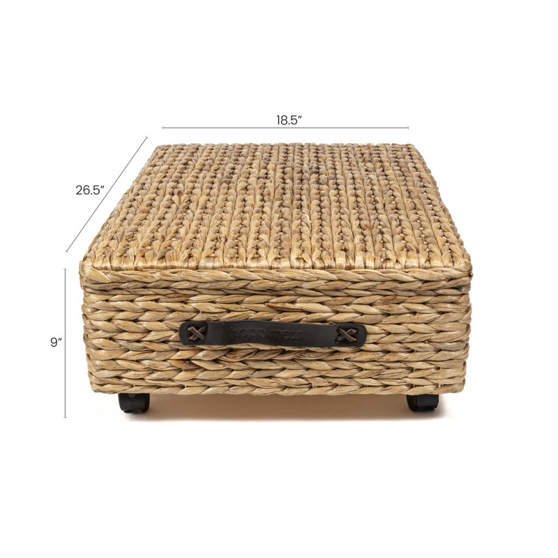 Chett 26.38" Minimalist Hand-Woven Hyacinth/Wood Underbed Storage Bin with Wheels and Handles, Natural