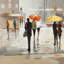 «Abstract Passersby with Umbrellas - Beige Man», reproduction encadrée-563435251-563435213