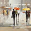 Toile contemporaine brune - Passants abstraits avec parapluies