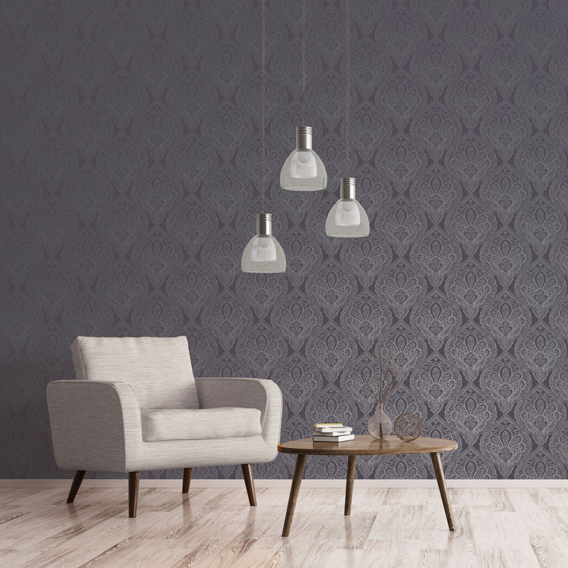Emporium 10m x 53cm 3D Embossed Metallic Finish Wallpaper Roll, Purple/Silver