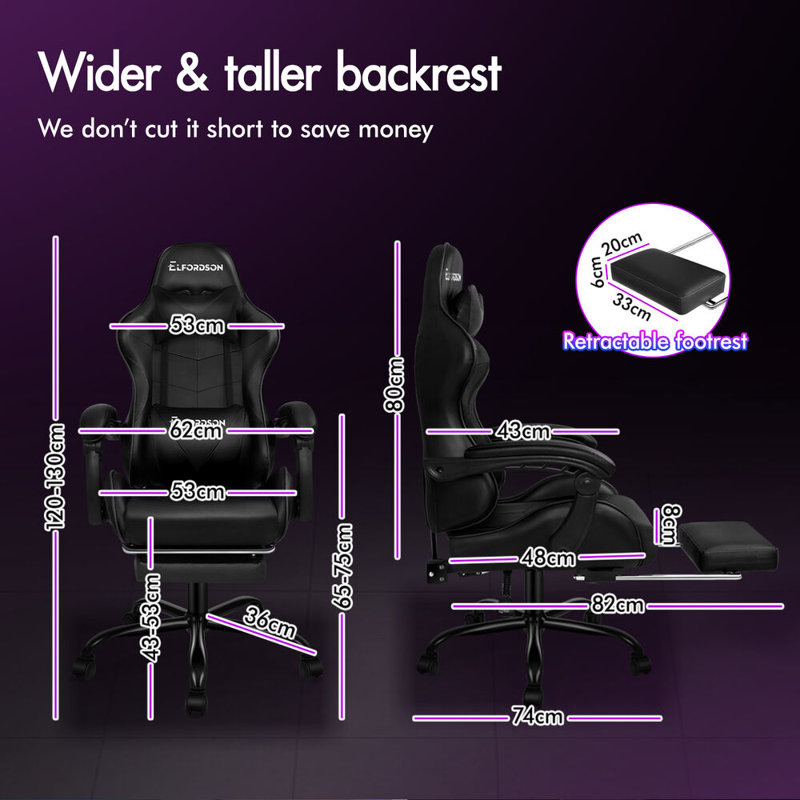 ELFORDSON Adjustable Reclining Swiveling PC & Racing Game Chair with Footrest, Black