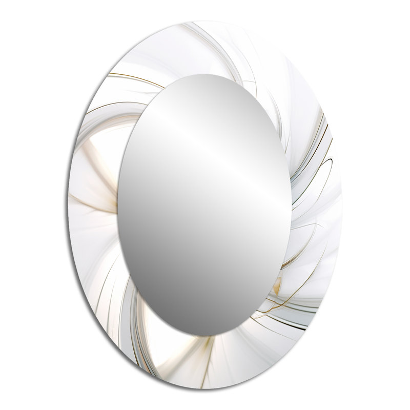 Fractal Flower Joy en blanc cosmique I - Grand miroir mural ovale sur métal, 40 po x 30 po