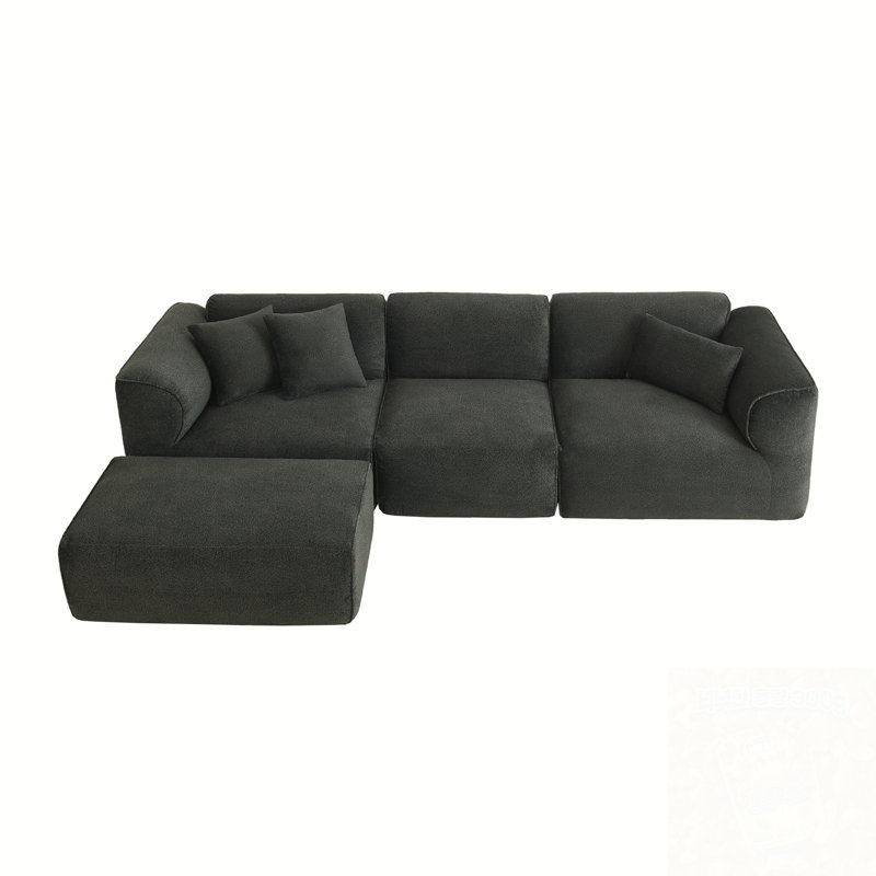 L-Shape Sectional Sofa With 3 Throw Pillows, Grayish Green Velvet