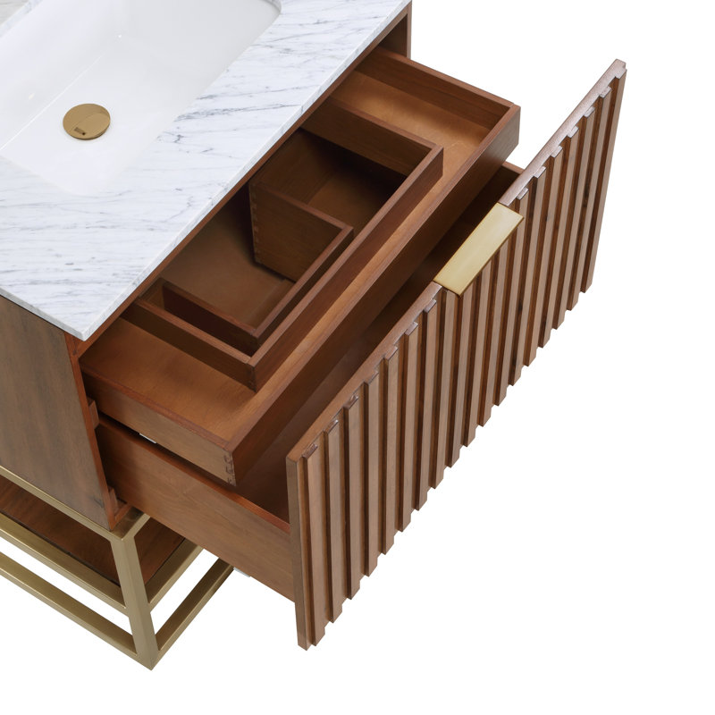 Terra 30'' W Single Vanity, Walnut, Carrara Marble/Single Faucet Mount, Satin Brass