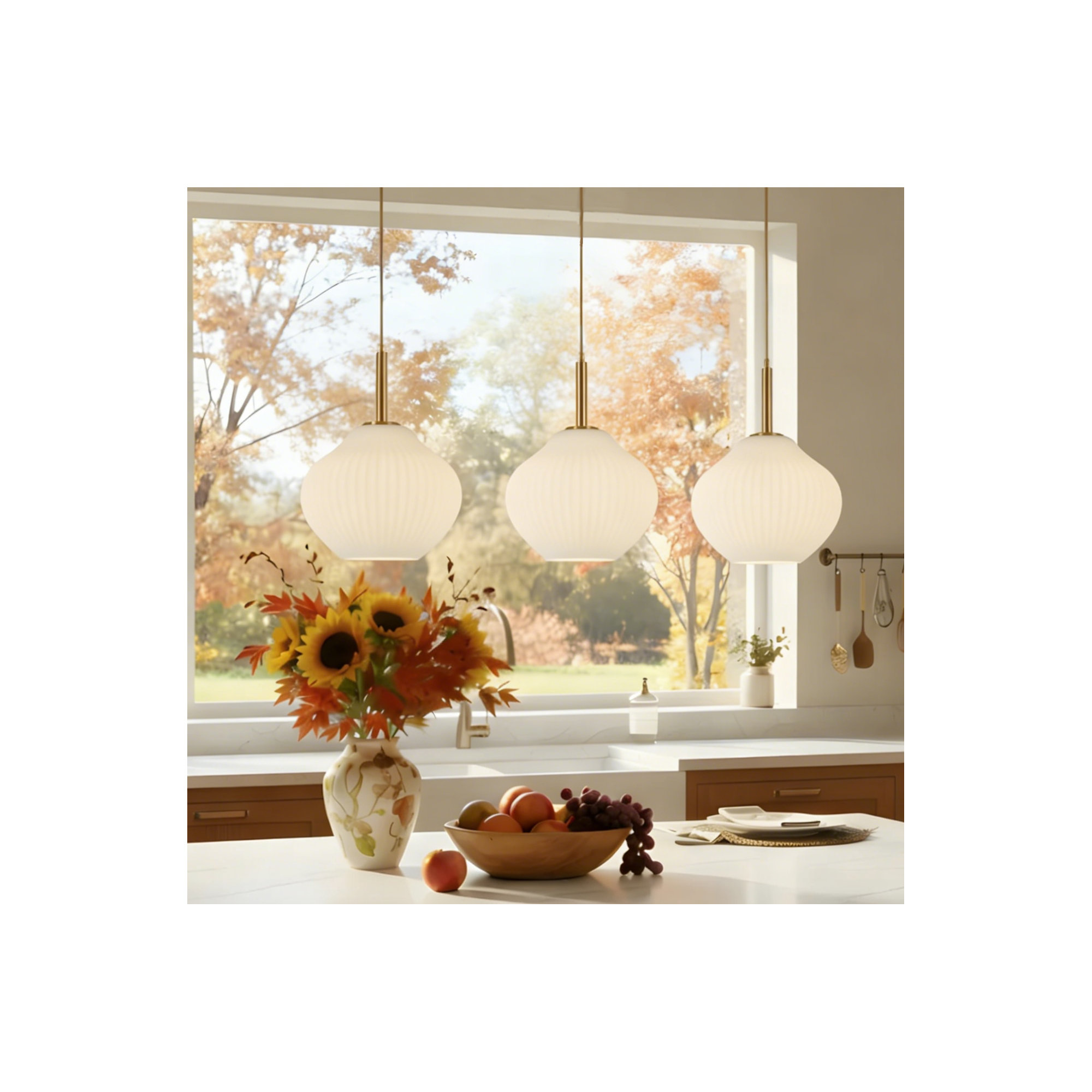 1- Light Modern Ribbed Glass Pendant Light, Polished Brass