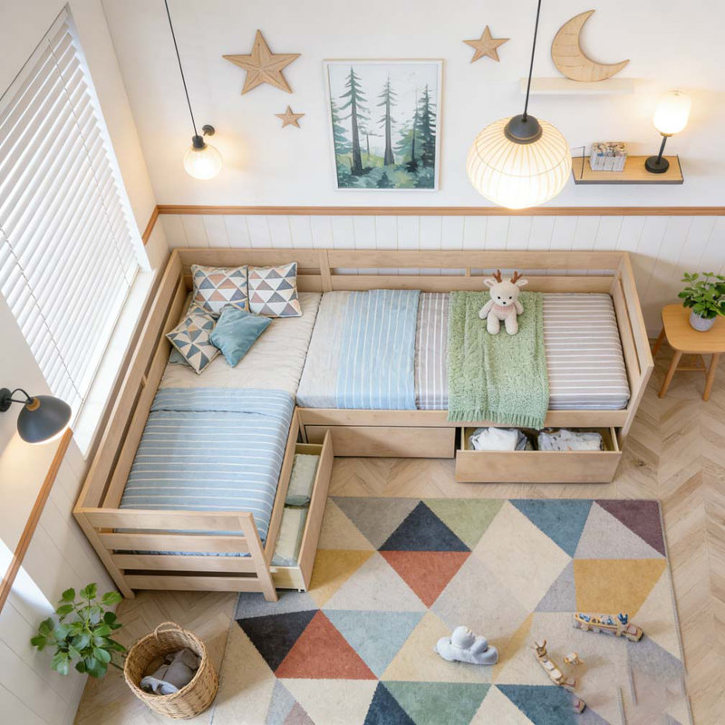 Twin Size L-shaped Platform Bed with Three Storage Drawers