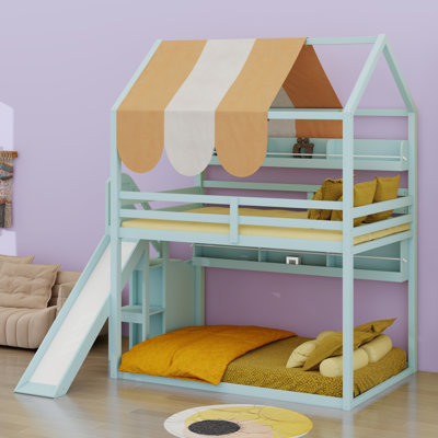 House Bed With Canopy, Slide & Built-In Bookshelves
