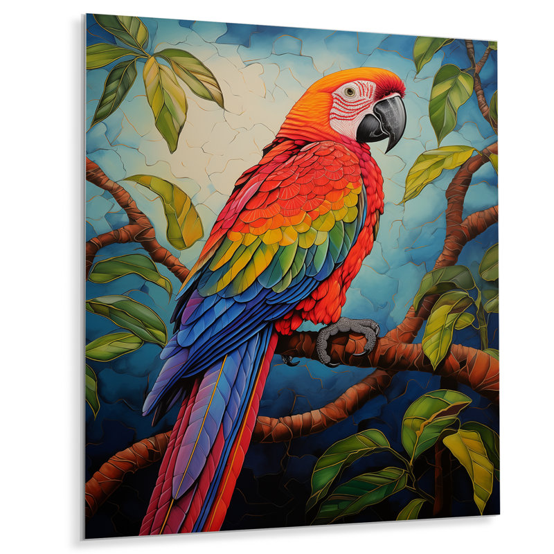 Perroquet rouge et vert dans la jungle africaine II, Sans cadre, métal, H 32 po x l 24 po