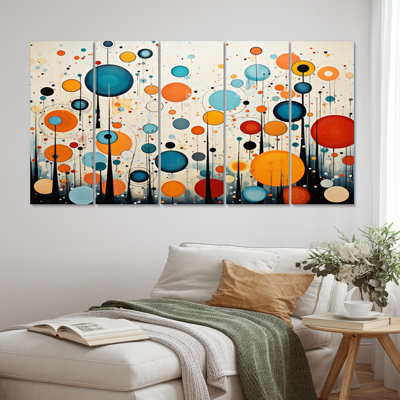 «Green Green Beige Mid Century Abstract Retro II», art mural sur toile Mid-Century - 5 panneaux égaux