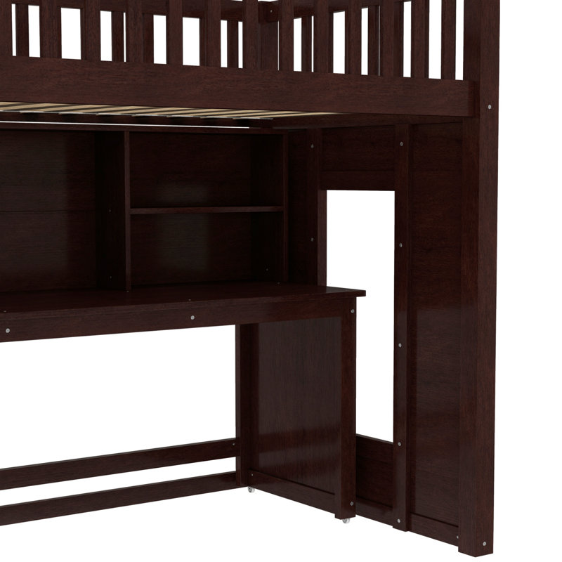 Lit mezzanine simple en bois massif avec bureau mobile et tablettes, Simple, Espresso