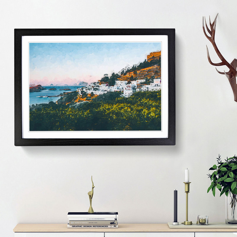 The Island of Rhodes in Greece in Abstract - Picture Frame Graphic Art Print on MDF, Black Framed, 27cm H x 36cm W x 2cm D