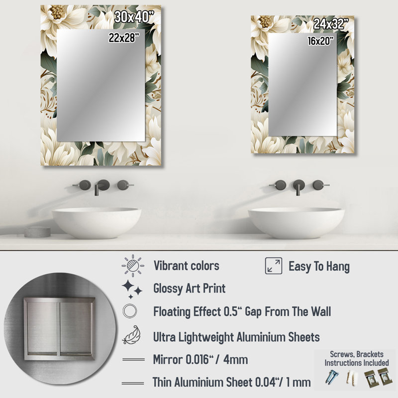 Motif subtil Mandalas Ii Boho - grand miroir mural floral, miroir unique floral, impression d'art en métal, 32 po x 24 po