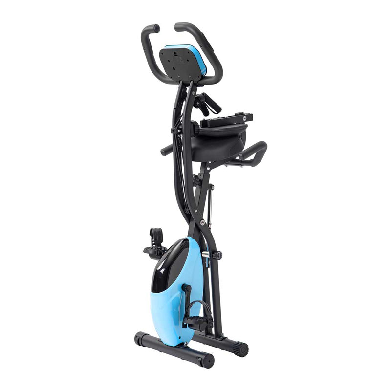 Vélo d'exercice pliable 2-en-1 - X-vélo debout et couché avec 16 niveaux de résistance, bandes de bras et dossier, Bleu clair