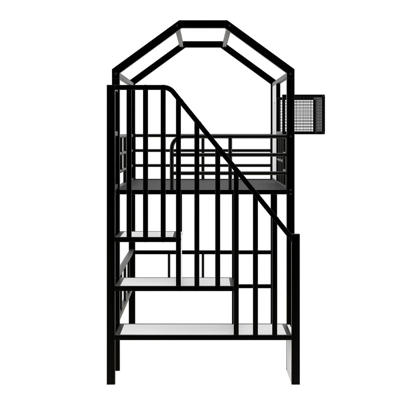 Metal Loft Bed With Roof Design And A Storage Box, Twin, Black, Black