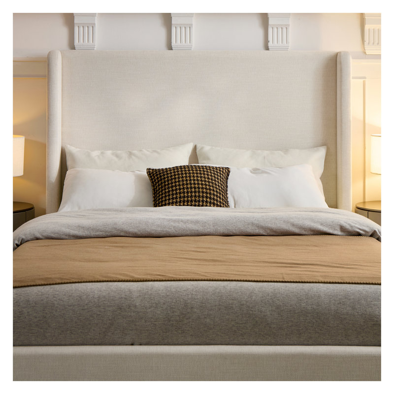 Carmen Upholstered Wingback Bed Frame - 54'' High Headboard Platform Bed with Textured Ivory Chenille Fabric, No Box Spring Needed, Modern Minimalist Design for Bedroom (Queen Size)