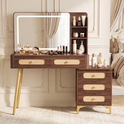 47'' Vintage Makeup Vanity with Mirror and Lights, Rattan Dressing Table Featuring 5 Drawers and Storage Shelf, 3 Color Modes Adjustable Brightness Makeup Desk, Brown