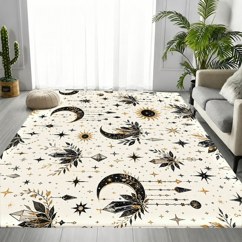 Tapis Boho Celestial Black Gold Sun Moon Crystal, Rectangle 9 pi 10 po x 6 pi 7 po (300 x 200 cm)