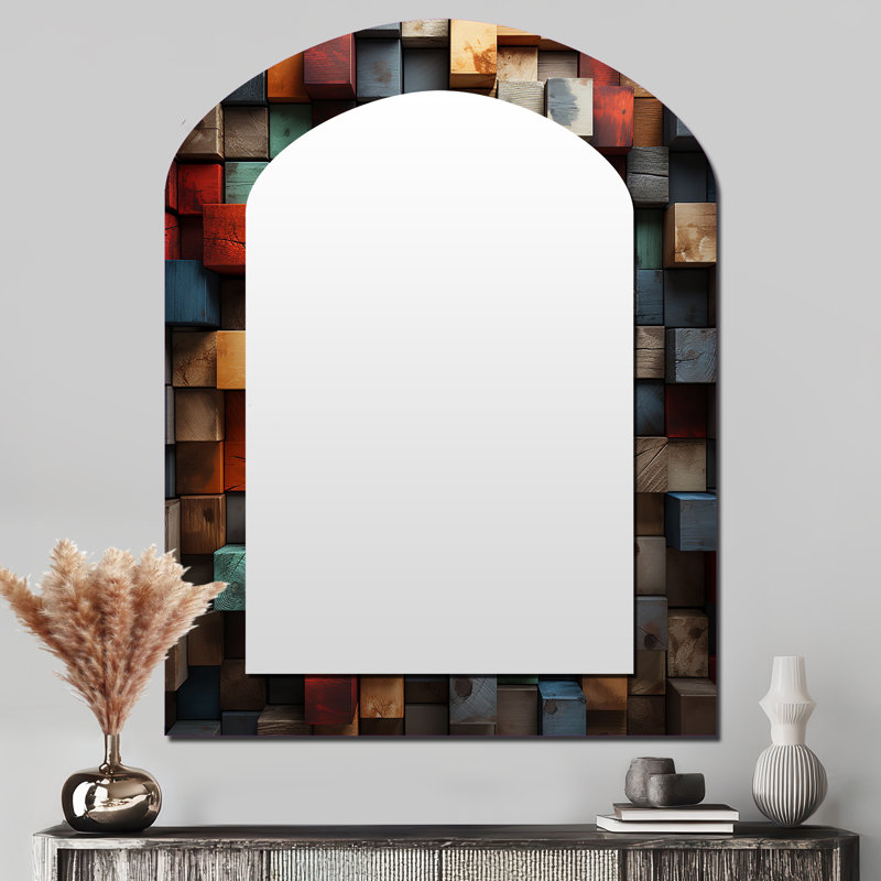 Cubes abstraits bleus et rouges II - miroir décoratif cubique en arc, grand miroir mural asymétrique moderne, impression sur métal