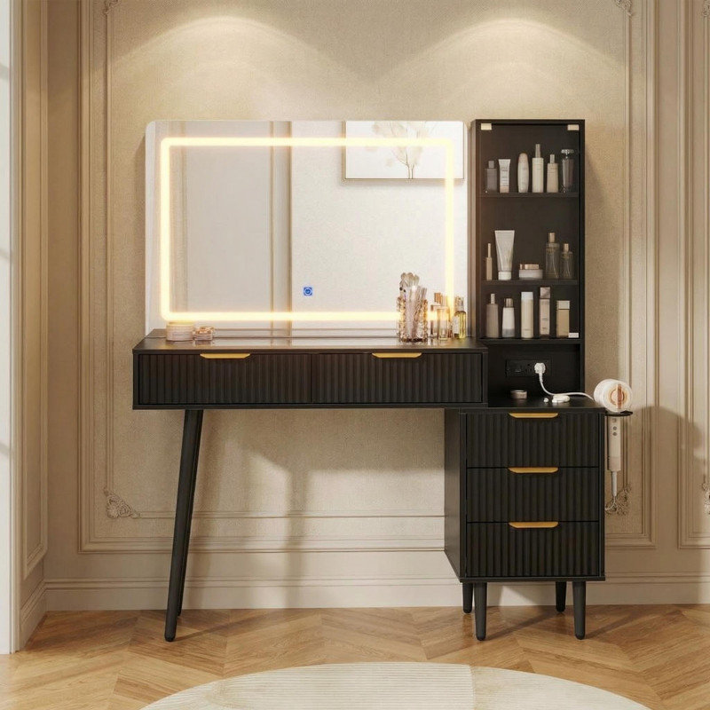 48" Fluted Vanity Set with Mirror & Lights, Glass Top & Outlet, Modern Makeup Desk for Bedroom, Black