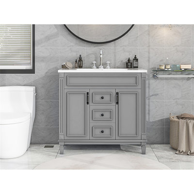 Meuble-lavabo 36 po avec lavabo supérieur, armoire de rangement moderne avec 2 portes à fermeture douce et 2 tiroirs, meuble-lavabo simple