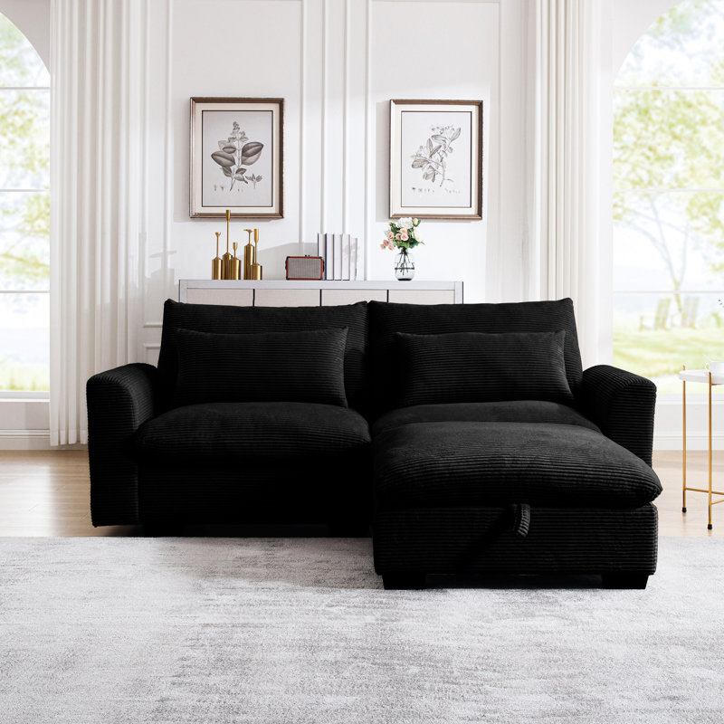Velours côtelé pour la chambre à coucher - Canapé-lit 2 places avec soutien à la taille, 2 coussins noirs et salon de rangement rond et confortable (noir