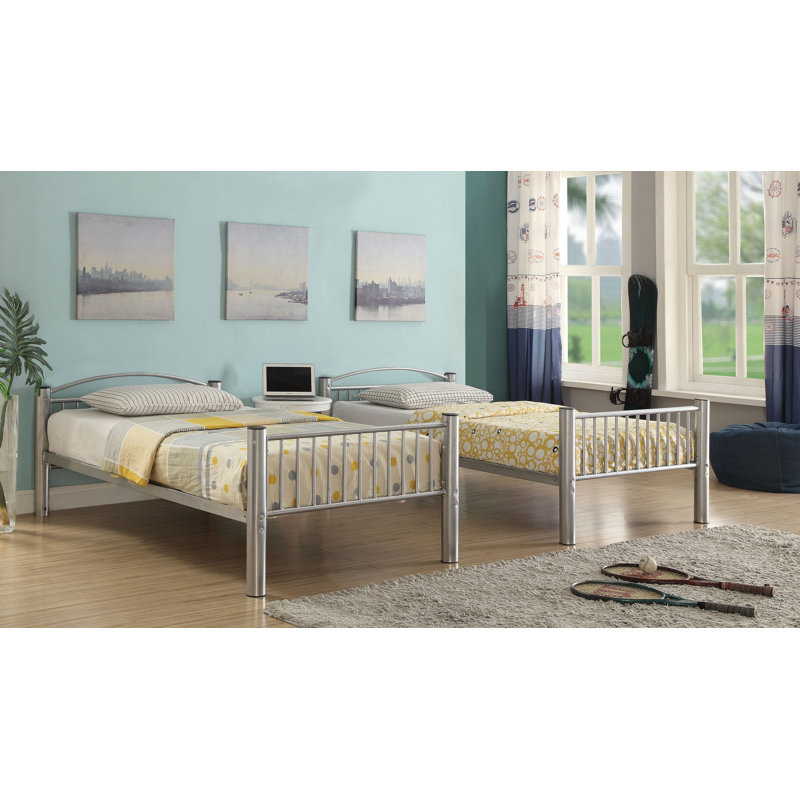 Pharr Contemporary Bunk Bed with Built-in Front Ladder, Simple sur double, Argent argent
