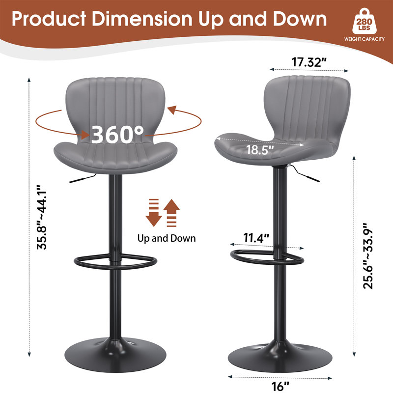 Tabouret de bar réglable avec repose-pieds, tabouret de comptoir pivotant à 360 ° en métal, ensemble de 2, Gris