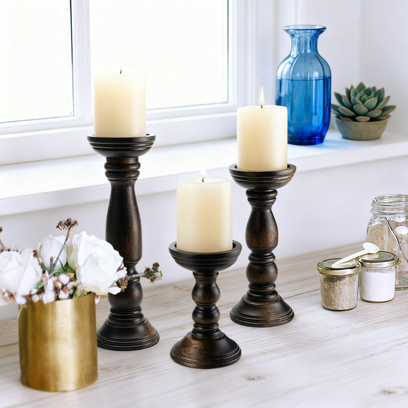 Farmhouse Wooden Candle Holders Set Of 3, Rustic Table Centerpiece Decor For Pillar And Flameless Candles, Vintage Tall Candle Stand