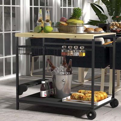 Outdoor Bar Cart, Patio Rolling Serving Cart with Wheels, Side Handle, 2 Baskets, 4 Wine Holders for Garden, Dining Room, Natural