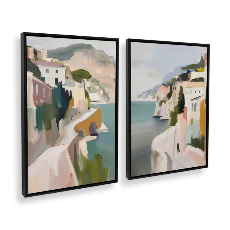 Ensemble de 2 estampes Cliffside Coastal Path, Cadre flottant noir satiné, 30 po x 20 po