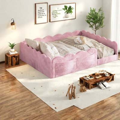 Lit double rose avec rangement, lit de plancher moderne en bois aggloméré pour enfants