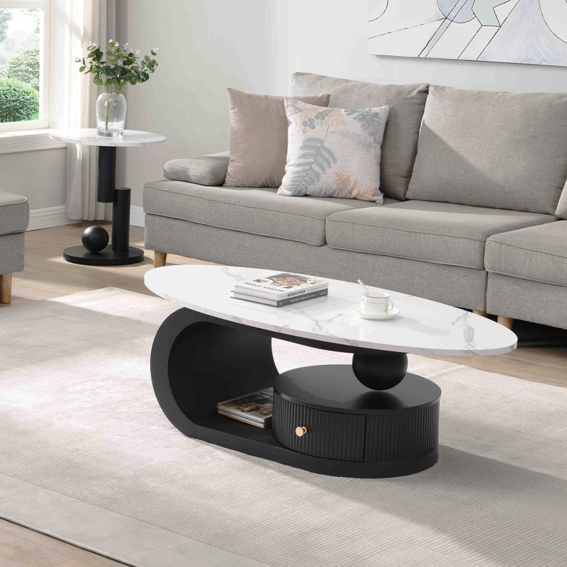 Ensemble de 2 tables de bout pour salon, ovale et ronde Modern Modern, White/Black, Marble