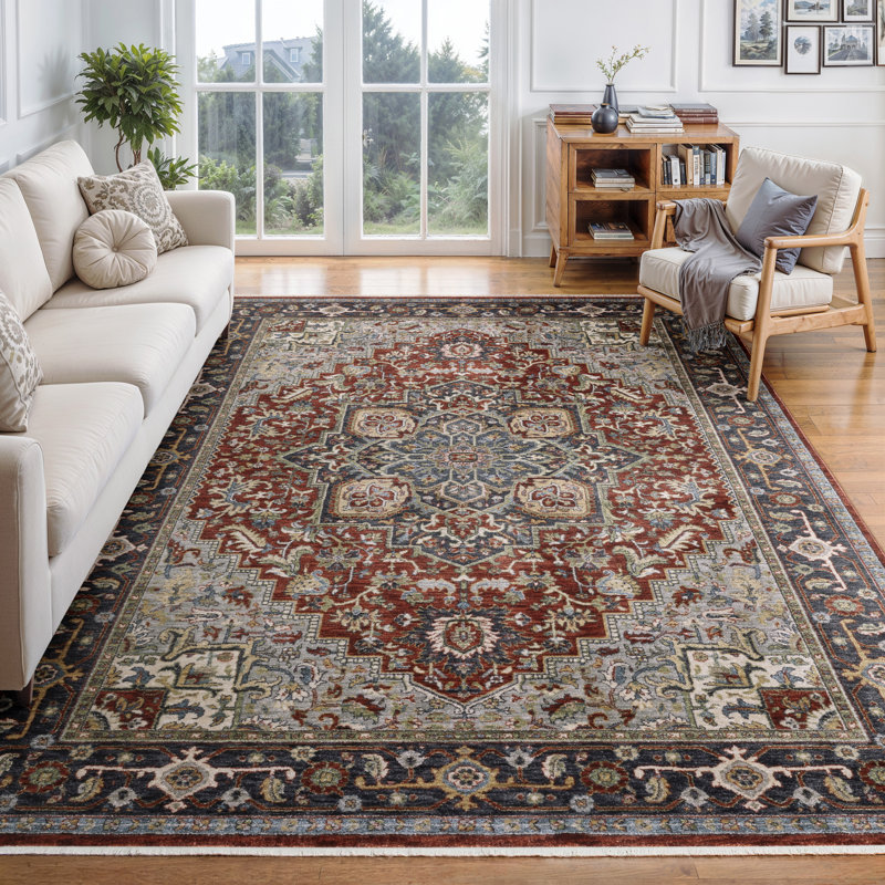 Caia Traditional Medallion Red/ Blue Area Rug, Rectangle 9'10" x 12'11"