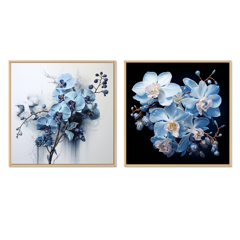 Minimalisme orchidée en fleurs dans délicat abstraction - ensemble de 2 orchidées carrées, Cadre flottant brun