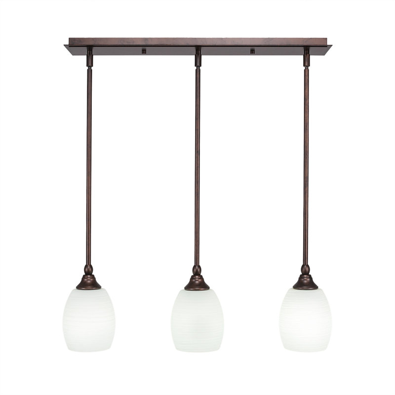 3 Light Stem Hung Linear Pendalier Shown With 5" White Linen Glass, Bronze