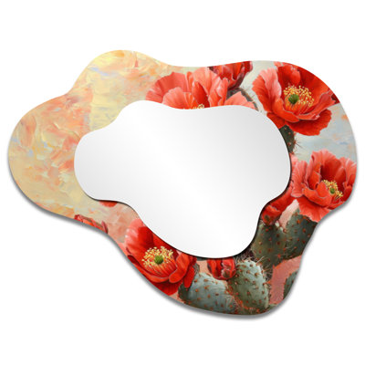 Boho Wavy Wall Mirror – Vibrant Garden of Cactus in Mojave Desert, Metal Print
