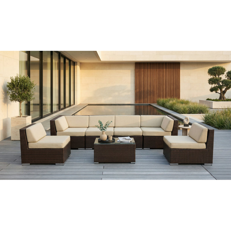 Barneveld Wicker 6 - Person Seating Group with Cushions - No Assembly, Antique Beige Sunbrella® Canvas, Dark Brown