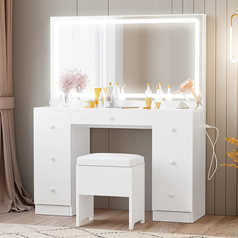 Makeup Vanity Desk with LED Lighted Mirror & Power Outlet & 7 Drawers, White