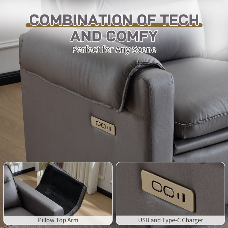 Shugar 87‘’ W 3-Seat Pillow Top Arm Gray Faux Leather Recliner Sofa With Storage, Gray