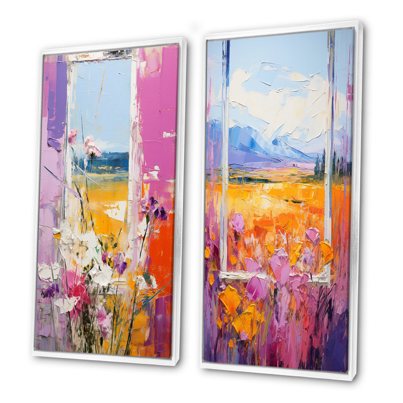 Ensemble de 2 décorations murales roses et jaunes à motif floral Windows Breeze I, Cadre flottant blanc, H 32 po x l 33 po