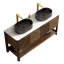 Meuble-lavabo de salle de bain 60 po Indigo, armoire de rangement autoportante en contreplaqué avec 4 portes rayées diagonales et tablette ouverte, 2 lavabos ovales en céramique noire et plateau en pierre frittée blanc de Carrare, grain de bois noyer foncé-130369472-130369470