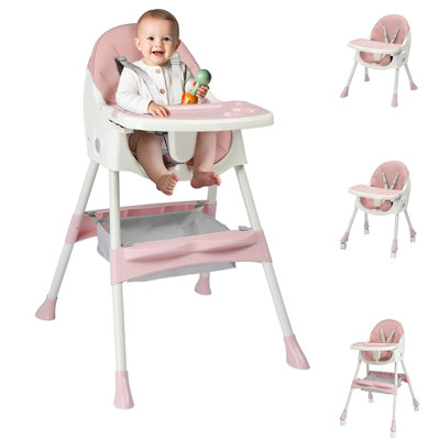 Chaise haute convertible pour bébé 2 en 1 pliable rose avec harnais de sécurité à 5 points et sac de rangement