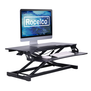 Rocelco 31.5 in. Black Standing Desk Converter Dual Monitor Riser with Tablet Mount, Height Adjustable and Deep Keyboard Tray