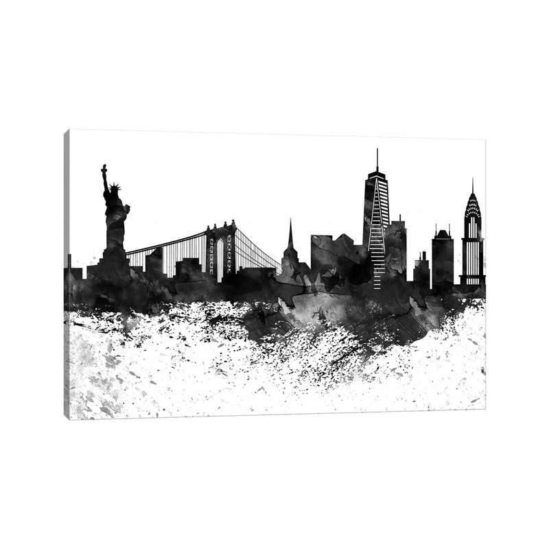 New York Black & White Drops Skyline by Wall Decor Addict - Wrapped Canvas Painting, 20.32 cm H x 30.48 cm W