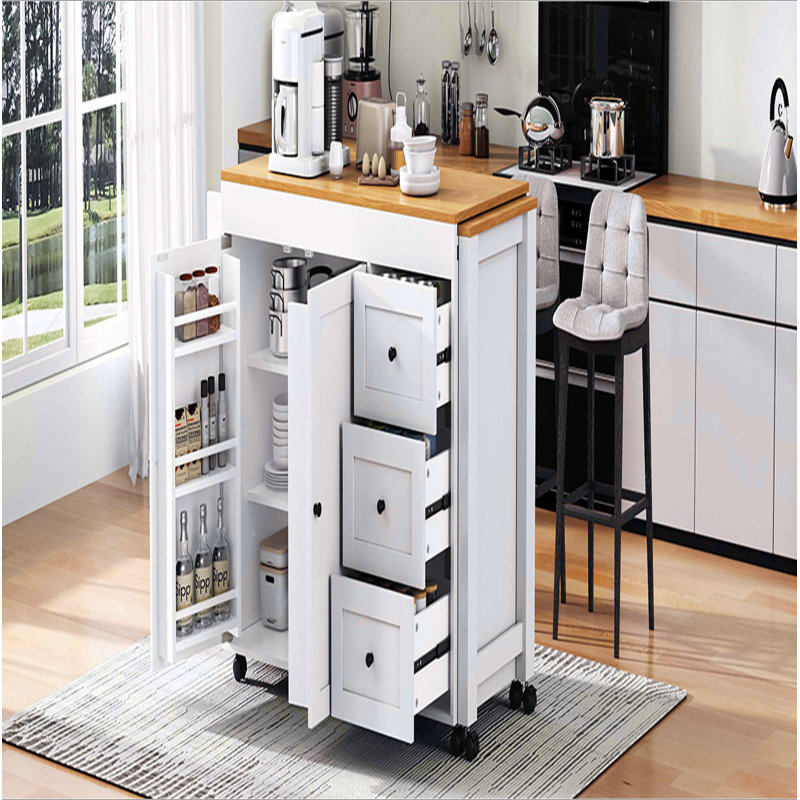Îlot de cuisine 74,8 po avec table de salle à manger extensible, chariot de rangement de cuisine avec 3 tiroirs, prise de courant, îlot de cuisine sur roulettes avec support à épices et armoire à 2 portes, pour la cuisine