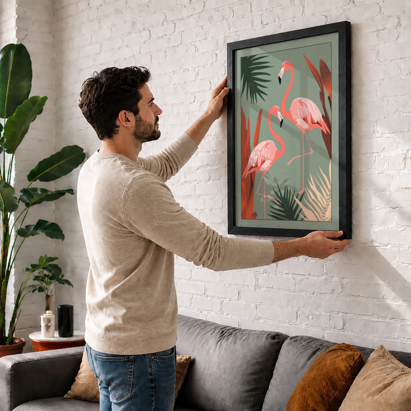 Flamingo Garden Tropical - Framed Print, Walnut, A3 - 42.0 x 29.7 cm
